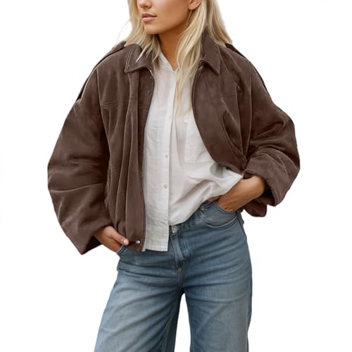 Generisch Wildlederjacke Damen Braun - Suede Jacket Women Trenchcoat Kurz Bomberjacke Herbstjacke Kunstlederjacke Übergangsjacke Elegant Winterjacke von Generisch