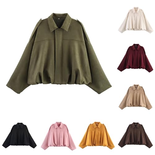 Generisch Wildlederjacke Damen Kurz, Oversized Bomberjacke weichem Kunstwildleder mit Fleece-Futter, Streetwear Winterjacke für Herbst Übergangszeit, lange Ärmel lässig Übergröße Y2k Jacke von Generisch