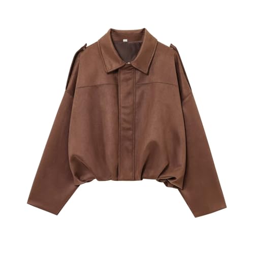 Generisch Wildlederjacke Damen Kurz, Oversized Bomberjacke weichem Kunstwildleder mit Fleece-Futter, Streetwear Winterjacke für Herbst Übergangszeit, lange Ärmel lässig Übergröße Y2k Jacke von Generisch