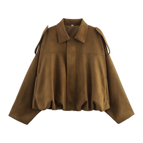 Generisch Wildlederjacke Damen Kurz : Oversized Bomberjacke aus weichem Kunstwildleder mit Fleece-Futter, Streetwear Winterjacke für Herbst Übergangszeit, Kurze Lederjacke im Casual Look von Generisch