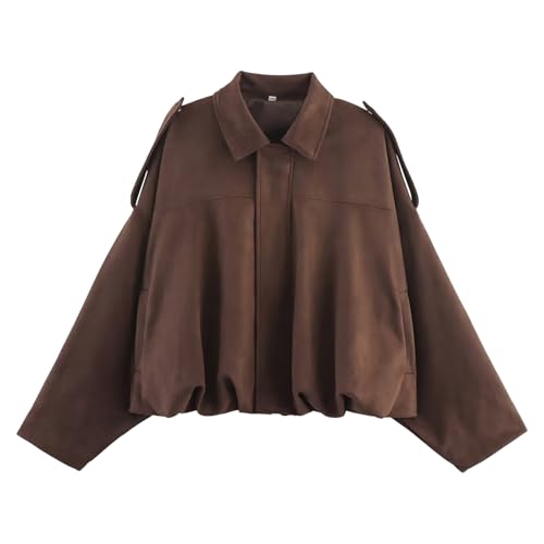 Generisch Wildlederjacke Damen Kurz Oversized Bomberjacke aus weichem Kunstwildleder mit Fleece-Futter, Streetwear Winterjacke für Herbst Übergangszeit, Kurze Lederjacke im Casual Look mit Taschen von Generisch