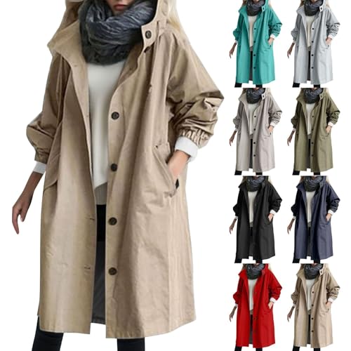 Generisch Windjacke damen Lang mit Kapuze Sweatjacke Hoodie Kapuzenjacke Fleecejacke Winter Übergangsjacke Casual trenchcoat Oversized Kapuzenpullover 001 Khaki L von Generisch