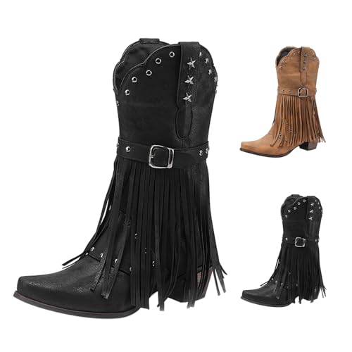 Generisch Winter Damenstiefel Westernstiefel,Mid Calf Stiefel Schuhe Damen,Einfarbige Blockabsatz,Quasten Gürtelschnalle,Cowboystiefel Mit Weiter Wade,Wadenstiefel Mit Absatz von Generisch