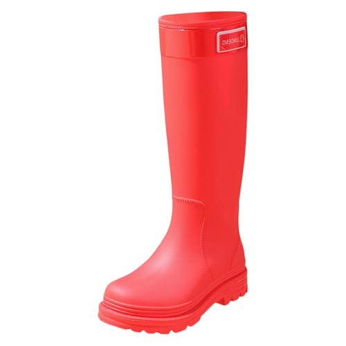 Winter Gummistiefel Damen Regenschuhe Wasserdicht Damen Regenstiefel mit Absatz,Modisch,rutschfest,Hohe Gummistiefel Bunt Stiefel Weiter Schaft (Red,37) von Generisch