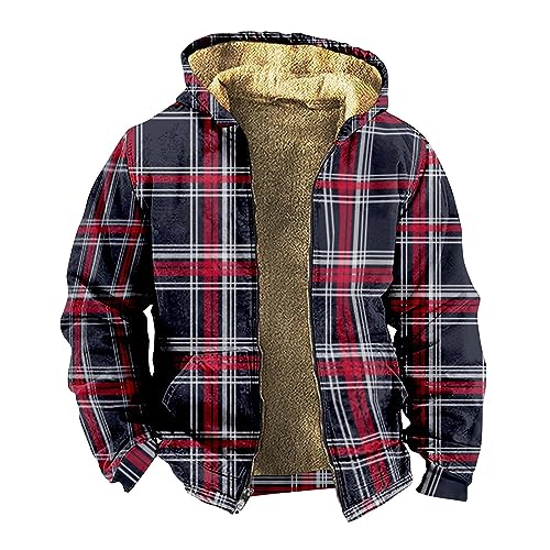 Generisch Winter Jacket For Men, Herren Verdicken Kariertes Gefüttert Fleecejacke Freizeit Hoodie Winterjacke Mit Taschen Sweatjacke Holzfällerhemd Outdoor Hemdjacke (7XL, Dunkelblau) von Generisch