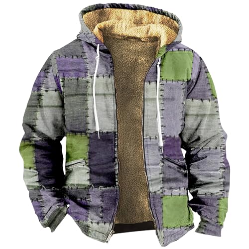 Generisch Winter Jacket Herren, Kariertes Winterjacke Thermohemd Fleece Gefüttert Freizeit Jacke Mit Kapuze Baumfäller Herren Motorrad Hemd Männer Engelbert Kariert Warm Hoodie (XL, Light Purple) von Generisch