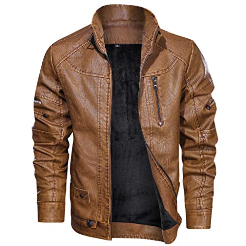 Generisch Winter Lederjacke Herren, Aus Kunstleder Übergangsoberteil Lässig Motorrad Piloten Reißverschluss Casual Klassisch Ledermantel Herren Mit Kapuze Schwarz Motorradjacke Jacket (L, Khaki) von Generisch