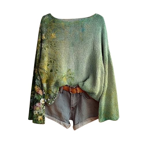 Generisch Winter Pullover für Damen,Boho Vintage Rundhals Strickpullover Damen Herbst Winter Casual Langarmshirt Floral Print Bequem Oberteil Bluse Trendiger Übergröße Strickwaren Pullover für Frauen von Generisch