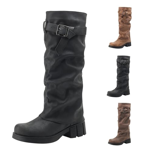 Generisch Winter Retro Damenstiefel Dicke Sohle,Einfarbige Blockabsatz,Stiefel Für Damen Kniehoch Mit Weiter Wade,Gürtelschnalle Stiefel Plateau Schuhe Außenhandel,Wadenstiefel von Generisch