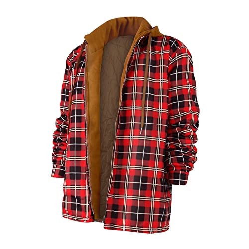 Generisch Winterjacke, Hemdjacke Herren Kariertes Thermohemd Fleece Gefüttert Freizeit Jacke Mit Kapuze Holzfellhemd Teddyfleece Karo Kariert Holzfäller Rot Flanell Reißverschluss (M, Red) von Generisch