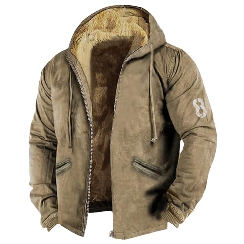 Winterjacke, Herren Wasserdichte Fleecejacke Warm Gefüttert Winterjacke Mit Kapuze Wasserabweisende Winddichte Jacke Echtleder Mantel Foraker Jacket Lang Jaket Jacket (3XL, Khaki) von Generisch
