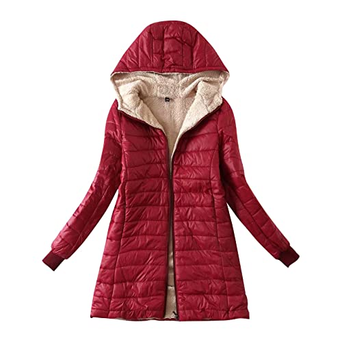 Generisch Winterjacke Damen, Frauen Mäntel Langarm Zipper Front Hoode Warm Casual Raglan Bomber Jacke Mit Taschen Mantel Outwear Wintermantel Damen Lang Winter Jaket Fur Plüschjacke Kapuze (S, Rot) von Generisch