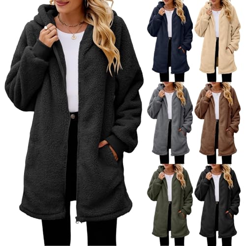 Generisch Winterjacke Damen, Mäntel Mode Solide Farbe Langarm Reißverschluss Tasche Rundhalsausschnitt Kapuze Warm Plüsch Jacke Damen Winter Fliesjacke Frauen Plüschjacke Coats Gothic (M, Schwarz) von Generisch