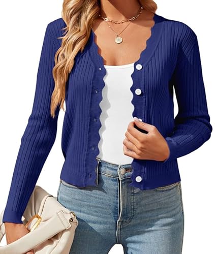 Generisch Winterjacke Damen,Damen Kurz Cardigan Mit Knöpfen Uni Elegant V-Ausschnitt Strickpullover Leicht Pulli Sommerpullover Dünn Übergangsjacke Royalblau L von Generisch