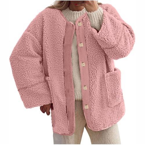 Generisch Winterjacke Damen Einfarbig Teddyjacke Mit Taschen Langarm Rundhals Fleecejacke Mit Knöpfen Warm Bequemes Plüschjacke Oversize Lässig Teddyfleece Jacke Locker Casual Übergangsjacke von Generisch
