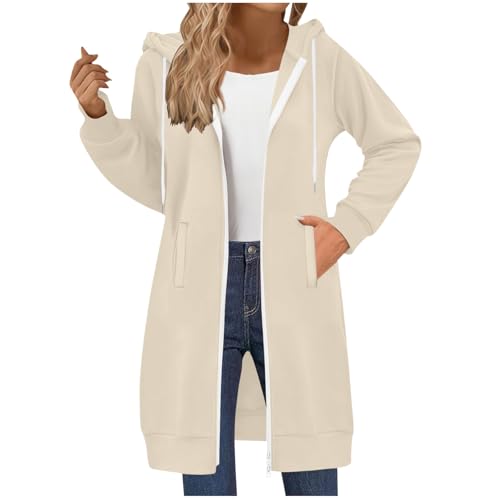 Generisch Winterjacke Damen Lang Sweatjacke mit Kapuze Casual Einfarbig Hoodie Herbst Winter Übergangsjacke Zipper Kapuzenjacke mit Taschen Locker Kapuzenpullover Leichte Jacke Mantel von Generisch