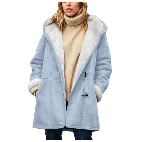 Generisch Winterjacke Damen Lang Warm Fleecejacke Damen Teddyjacke Farbblock Button Sweatjacke mit Kapuze Übergangsjacke Winter Frauen Funktionsjacke Plüschjacke Outdoorjacke Outwear Wintermantel von Generisch