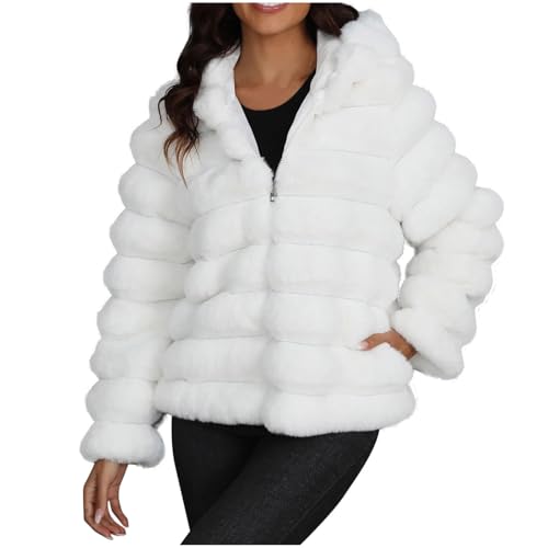Generisch Winterjacke Damen Lang Warm Kunstpelz Mantel Outdoor Übergangsjacke Plüschjacke Kuschelig Elegant Kunstfell Jacke Kuscheljacke Wintermantel Steppjacke Flauschige Overcoat Kapuzenjacke von Generisch