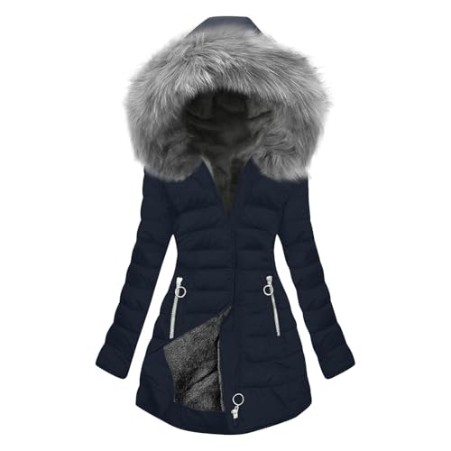 Winterjacke Damen Lang Wintermantel Fleece Gefüttert Steppjacke Warm Daunenjacke Elegant Parka mit Kapuze Winterparka Einfarbig Hoodie Jacke Winddicht Outdoorjacke Baumwolle Mantel Marine XXL von Generisch