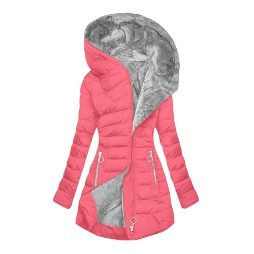 Winterjacke Damen Lang Wintermantel Fleece Gefüttert Steppjacke Warm Daunenjacke Elegant Parka mit Kapuze Winterparka Einfarbig Hoodie Jacke Winddicht Outdoorjacke Baumwolle Mantel Rosa 4XL von Generisch