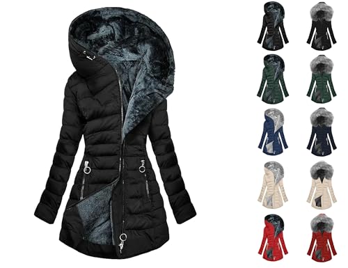 Winterjacke Damen Lang Wintermantel Fleece Gefüttert Steppjacke Warm Daunenjacke Elegant Parka mit Kapuze Winterparka Einfarbig Hoodie Jacke Winddicht Outdoorjacke Baumwolle Mantel Schwarz XL von Generisch