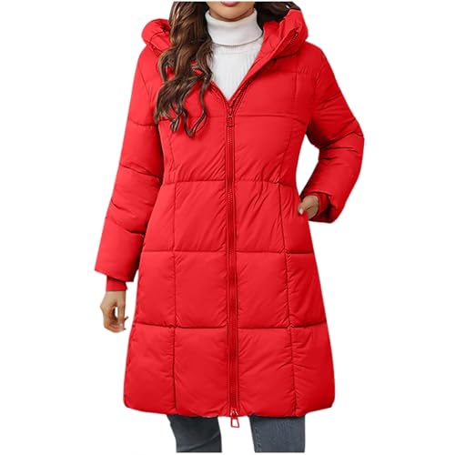 Generisch Winterjacke Damen Lang Wintermantel Steppjacke Warmer Daunenjacke Fleecejacke Elegant Parka mit Kapuze Winterparka Einfarbig Hoodie Reißverschluss Jacke Mantel Angebote Rot XXL von Generisch