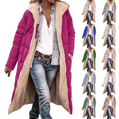 Generisch Winterjacke Damen Lang Wintermantel Warm Gefüttert Teddyjacke Mantel Winter Jacket for Women Fleecejacke mit Kapuze Große Größen Wollmantel Outdoor Parka Mäntel von Generisch