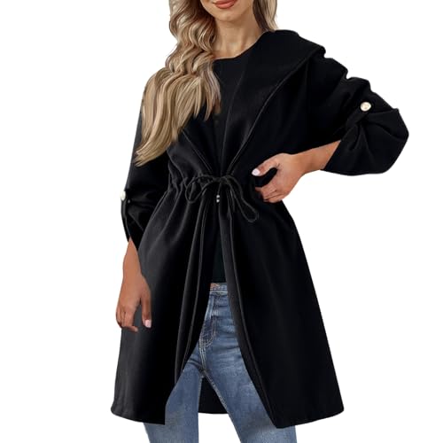 Generisch Winterjacke Damen Lang mit Kapuze Herbstjacke Damen Elegant mit Gürtel Damenmantel Einfarbig V Ausschnitt Kapuzenjacke Lange Mantel Frauen Frühling Wintermantel Dünn Casual Sweatjacke von Generisch