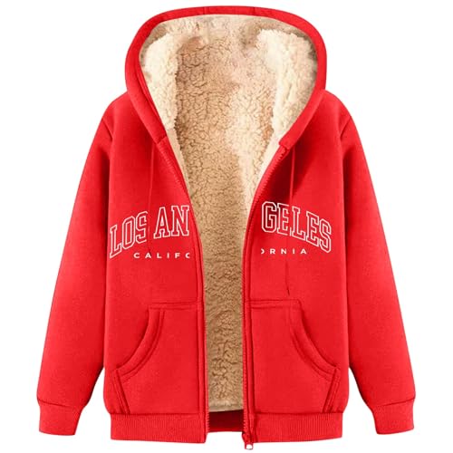 Generisch Winterjacke Damen Thermo Fleecejacke Sweatjacke Pullover Plüschjacke Hoodie Übergangsjacke Kapuzenpullover Wintermantel Fleecepullover Meine Bestellungen Anzeigen(A16 Red,3XL) von Generisch