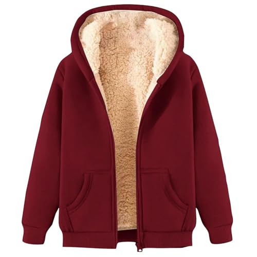 Generisch Winterjacke Damen Warm Fleecejacke Fleece Gefütterte Langarm Hoodie Sweatjacke übergröße Warm Stilvoller Kapuzenjacke Herbst Winter Sweatshirtjacke mit Reißverschluss (1-Wine, XXL) von Generisch