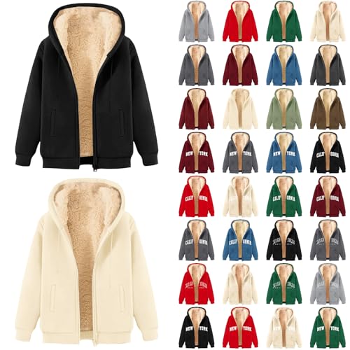 Generisch Winterjacke Damen Warm Fleecejacke Mit Kapuze Große Größen Teddyfleece Jacke Mit Reißverschluss Winterjacke Bequeme Kapuzenpullover Mit Taschen Lässig Übergangsjacke Schwarz Xxl von Generisch