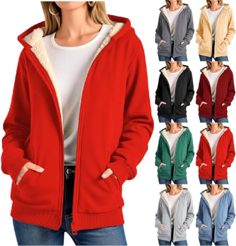 Generisch Winterjacke Damen Warm Fleecejacke Winter Sweatjacke mit Kapuze Einfarbig Kapuzenjacke GroßE GrößEn Kapuzenpullover mit Taschen Elegant Teddyfleece Wollmantel Bequeme ÜBergangsjacke von Generisch