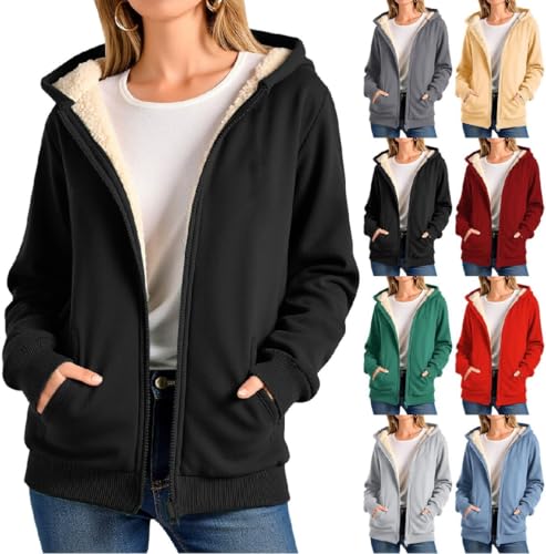 Generisch Winterjacke Damen Warm Fleecejacke Winter Sweatjacke mit Kapuze Einfarbig Kapuzenjacke GroßE GrößEn Kapuzenpullover mit Taschen Elegant Teddyfleece Wollmantel Bequeme ÜBergangsjacke von Generisch