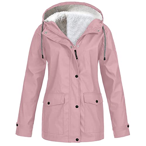 Generisch Winterjacke Damen Warm Teddyfleece Gefütterte Regenjacke Damen Wasserdicht Regenmantel Frauen Mit Kapuze Skijacke Outdoor Funktionsjacke Parka Winddicht Softshelljacke (Rosa, M) von Generisch
