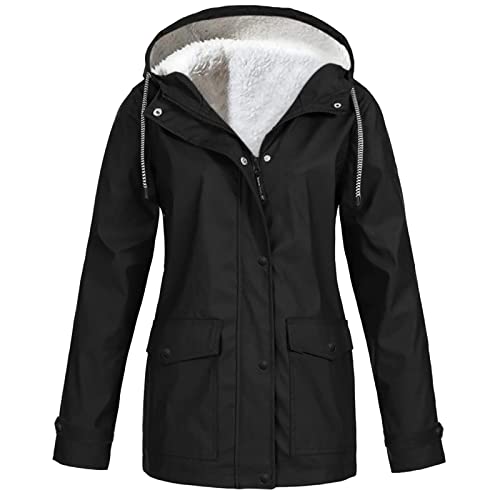 Generisch Winterjacke Damen Warm Teddyfleece Gefütterte Regenjacke Damen Wasserdicht Regenmantel Frauen Mit Kapuze Skijacke Outdoor Funktionsjacke Parka Winddicht Softshelljacke (Schwarz, XL) von Generisch