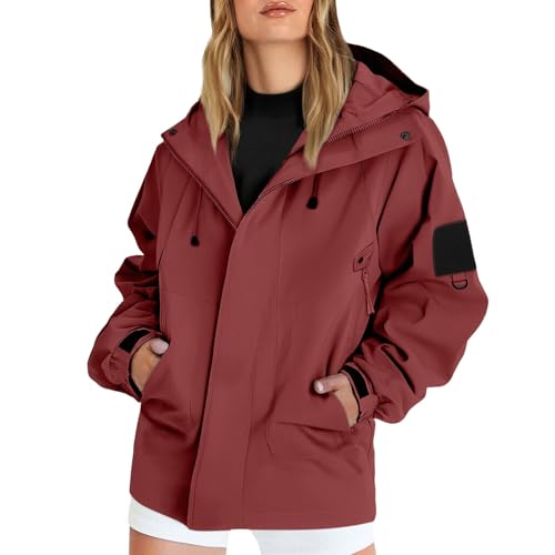 Generisch Winterjacke Damen Warm Wasserdicht,Outdoor Jacken Für Damen Leichte Einfarbig Mit Kapuze Strickjacke Reißverschluss Regenmantel Mit Taschen Große Größen Freizeitjacke(Brick Red, XL) von Generisch