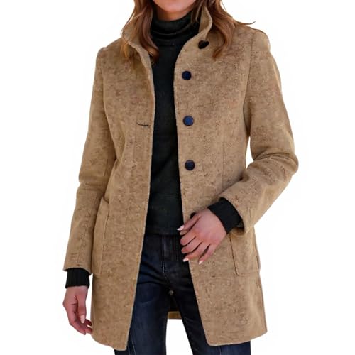 Generisch Winterjacke Damen Warm Wintermantel Lang Mantel Winter Trenchcoat Einfarbig Damenmantel Elegant Wollmantel Leichte Übergangsjacke Langarm Wintercoat Mit Taschen Wolljacke Mit Knöpfen Casual von Generisch