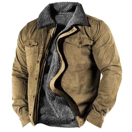 Generisch Winterjacke Herren, Einfarbig Fleece Verdickter Mantel Jacke Casual Mode Warmer-Jacken College 140 Gefüttert Fleece Jacket Motorrad Winter Motorradjacke Retro Daunenjacke Leicht (L, Khaki) von Generisch