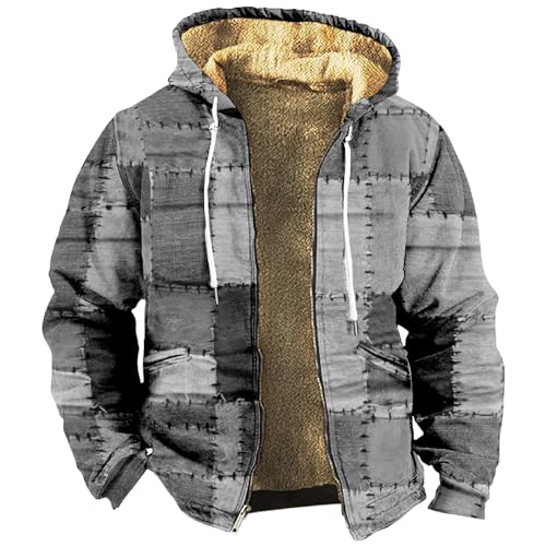Generisch Winterjacke Herren Lang Warm Gefüttert, Hemdjacke Kariertes Thermohemd Fleece Gefüttert Freizeit Jacke Mit Kapuze Holzfäller Hemd Fell Rot Holzfällerjacke Grün (L, Dunkelgrau) von Generisch