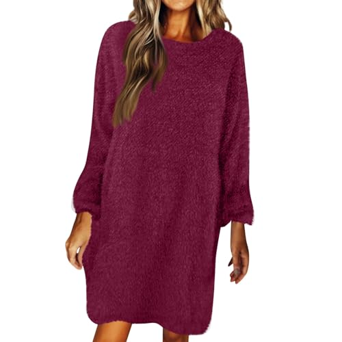 Generisch Winterkleid Damen Lang Flauschig Fleecepullover Damen Warm Knielang Kleid Winter Damen Langarm Plüsch Pulloverkleid Elegant Einfarbig Kleider Frauen Fleece Locker Longpullover Casual von Generisch