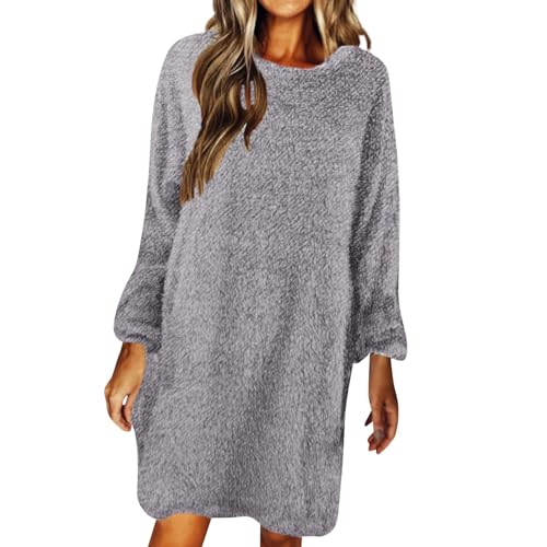 Generisch Winterkleid Damen Lang Flauschig Fleecepullover Damen Warm Knielang Kleid Winter Damen Langarm Plüsch Pulloverkleid Elegant Einfarbig Kleider Frauen Fleece Locker Longpullover Casual von Generisch