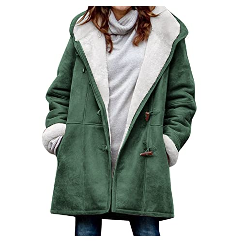 Generisch Wintermantel Damen, Damenmäntel Lässige Mode Lose Einfarbige Mütze Plus Fleece Kragen Tasche Jacke Winter Damen Lang Parka Schwarz Tailliert Jacket-Kurzmantel Softshelljacke (S, Grün) von Generisch