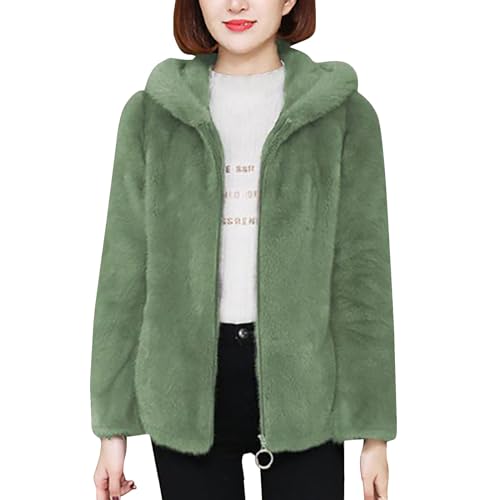 Generisch Wintermantel Damen, Solide Farbe Doppelseitige Korallen Samt Lose Kapuze Warmer Pullover Damen Jacke Mit Reißverschluss Lammwolle Puffer Lang Softshellmantel (5XL, Green) von Generisch