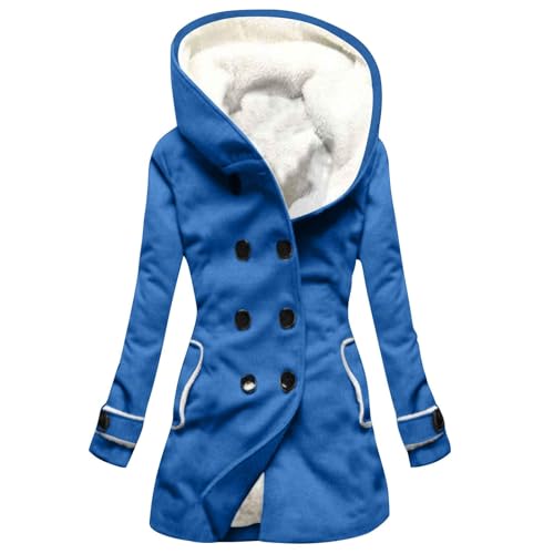 Generisch Wintermantel Damen, Warm Solide Farbe Langarm Mit Kapuze Button Down Mantel Jacke Outwear Damen Lang Kurtki Zimowe Damskie Ärmeltasche Wattierte Winterjacke (M, Blue) von Generisch