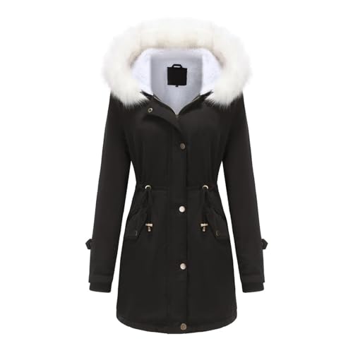 Generisch Wintermantel Damen Lang, Damenmäntel Mode Solide Farbe Herbst Und Winter Abnehmbare Haar Kragen Lange Ärmel Mit Kapuze Baumwolle Fleece Jacke Mäntel 40 Fleecejacke Lang (L, Black) von Generisch