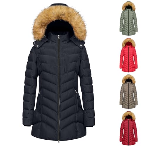 Generisch Wintermantel Damen Lang Warm Daunenjacke Puffer Jacke Steppjacke mit Kapuze Gepolsterte Daunenmantel Langärmelige Steppmantel Dicke Parka Thermal Mantel Winter Jacket for Women von Generisch