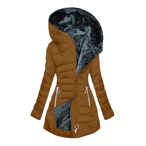 Wintermantel Damen Winterjacke Gefüttert Steppjacke Lange Daunenjacke mit Kapuze Parka Langarm Winterparka Einfarbig Hoodie Reißverschluss Jacke Baumwolle Mantel Winddicht Outdoorjacke Braun XXL von Generisch