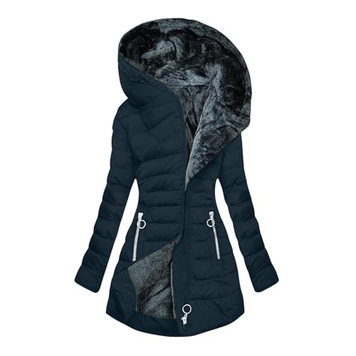 Wintermantel Damen Winterjacke Warme Gefüttert Steppjacke Lange Daunenjacke mit Kapuze Parka Langarm Winterparka Einfarbig Hoodie Reißverschluss Jacke Baumwolle Mantel Winddicht Outdoorjacke Marine S von Generisch