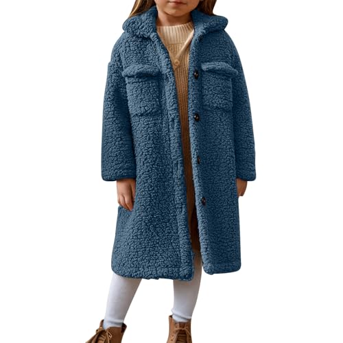 Generisch Wintermantel Mädchen Warme Übergangsjacke Casual Fleecejacke Kinder Länge Steppjacke Fleece Jacke mit Knöpfen Tasche Einfarbig Winterjacke Oversized Sweatjacke Marine 7-8 Jahre von Generisch