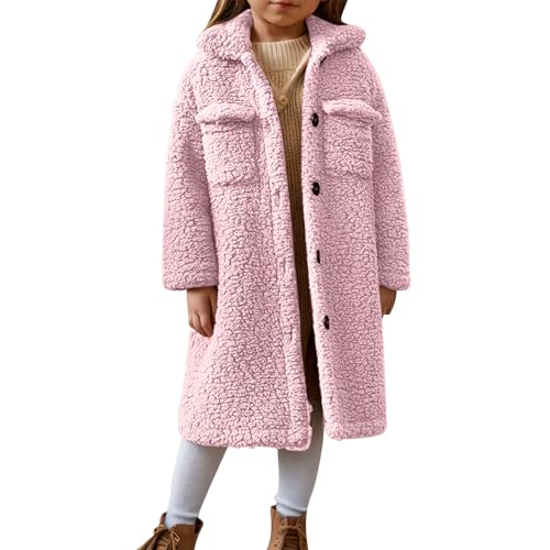 Generisch Wintermantel Mädchen Warme Übergangsjacke Casual Fleecejacke Kinder Länge Steppjacke Fleece Jacke mit Knöpfen Tasche Einfarbig Winterjacke Oversized Sweatjacke Rosa 5-6 Jahre von Generisch